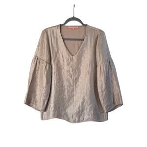 Vilagallo Cream Gold Sheen Shiny Flowy Boho Chic Peasant Top Blouse, Size Large